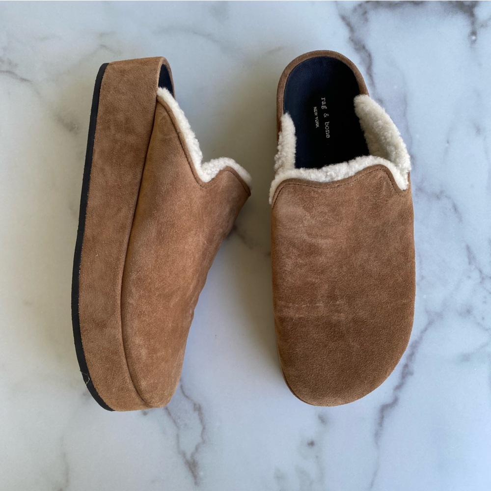 RAG & BONE Tan Suede Leather Sherpa Clog Mule Size EU 39
